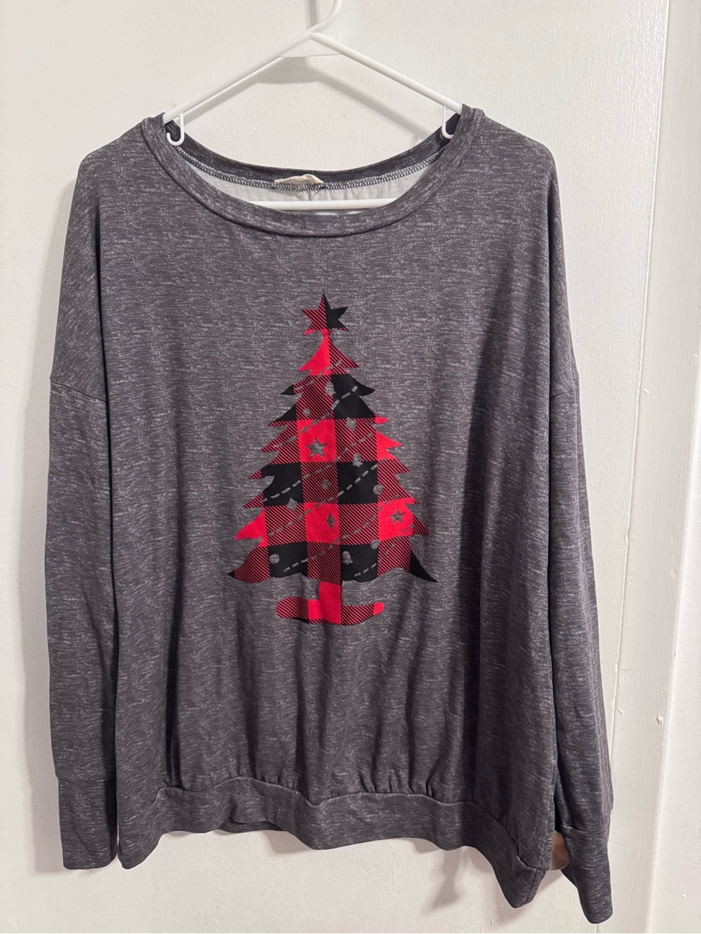Women's Long Sleeve Gray Top with Red Plaid Tree Graphic